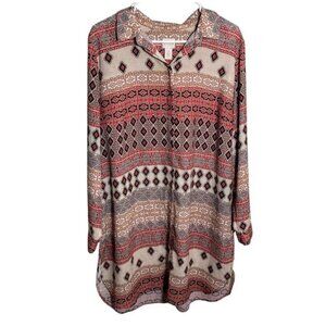 Chico’s Tribal Print Rust/Tan Tunic Covered Button Placket Poly Crepe L